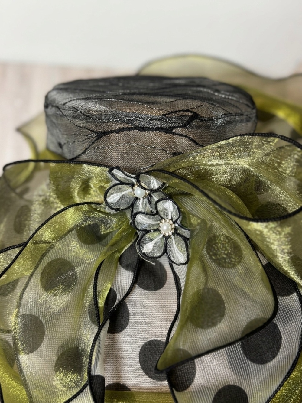 Elegant Olive Green and Black White Polka Dot Organza Derby Wide-Brim Hat - Picture 2 of 12